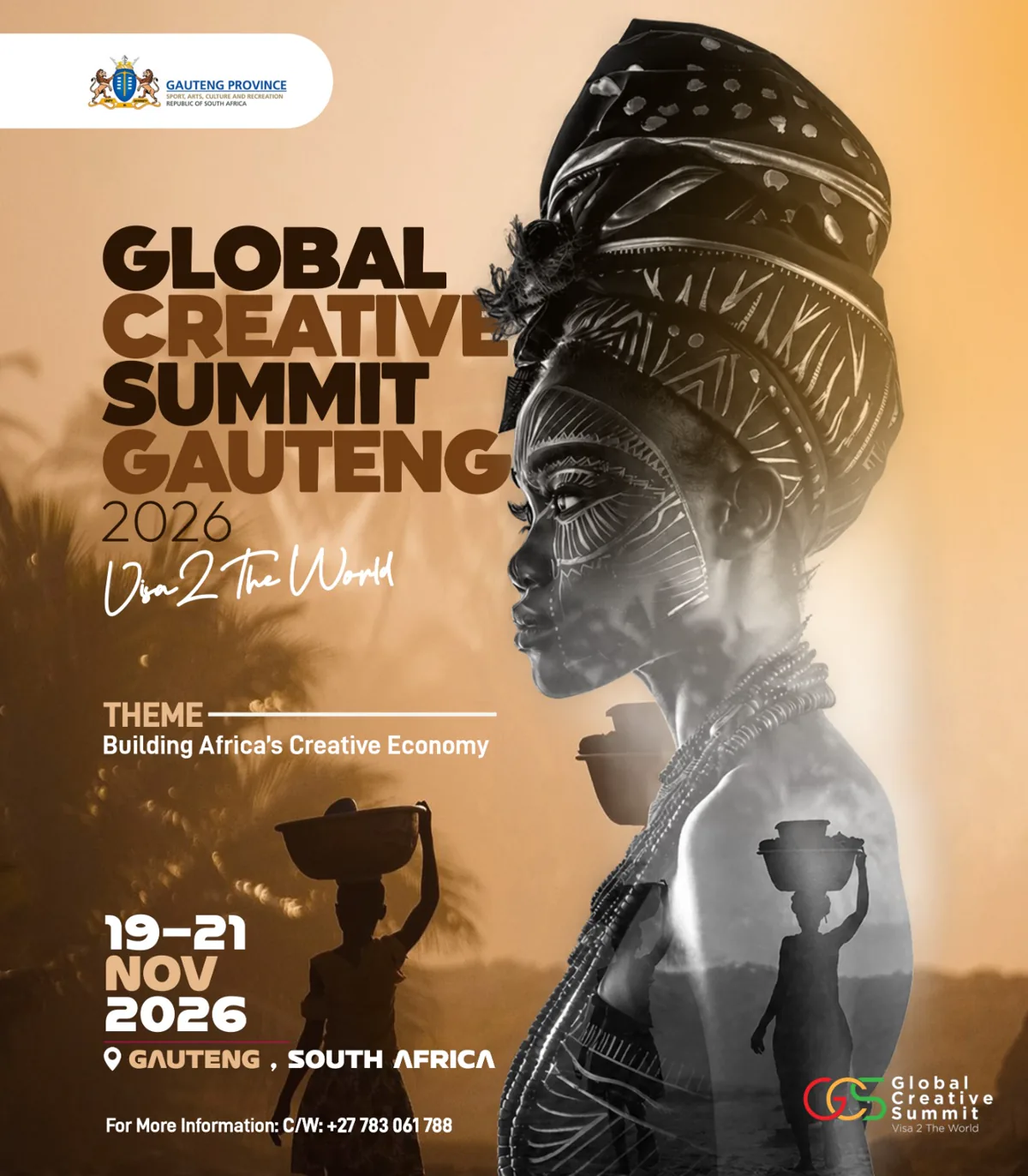 Global Creative Summit Gauteng 2026 poster — Visa 2 The World, theme Building Africa's Creative Economy, 19–21 November 2026, Gauteng, South Africa