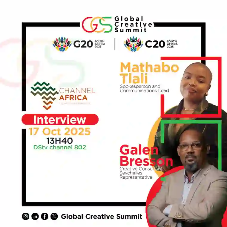 Channel Africa interview announcement featuring Mathabo Tlali and Galen Bresson
